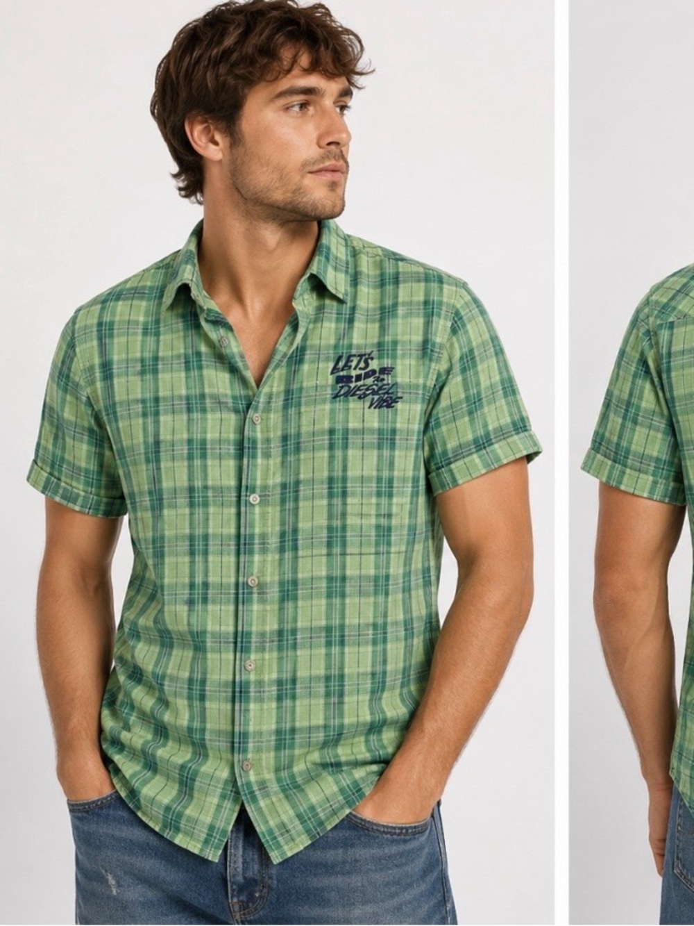 Diesel Men’s XXL Green Plaid Short Sleeve Button Up Shirt Graphic Back Cotton